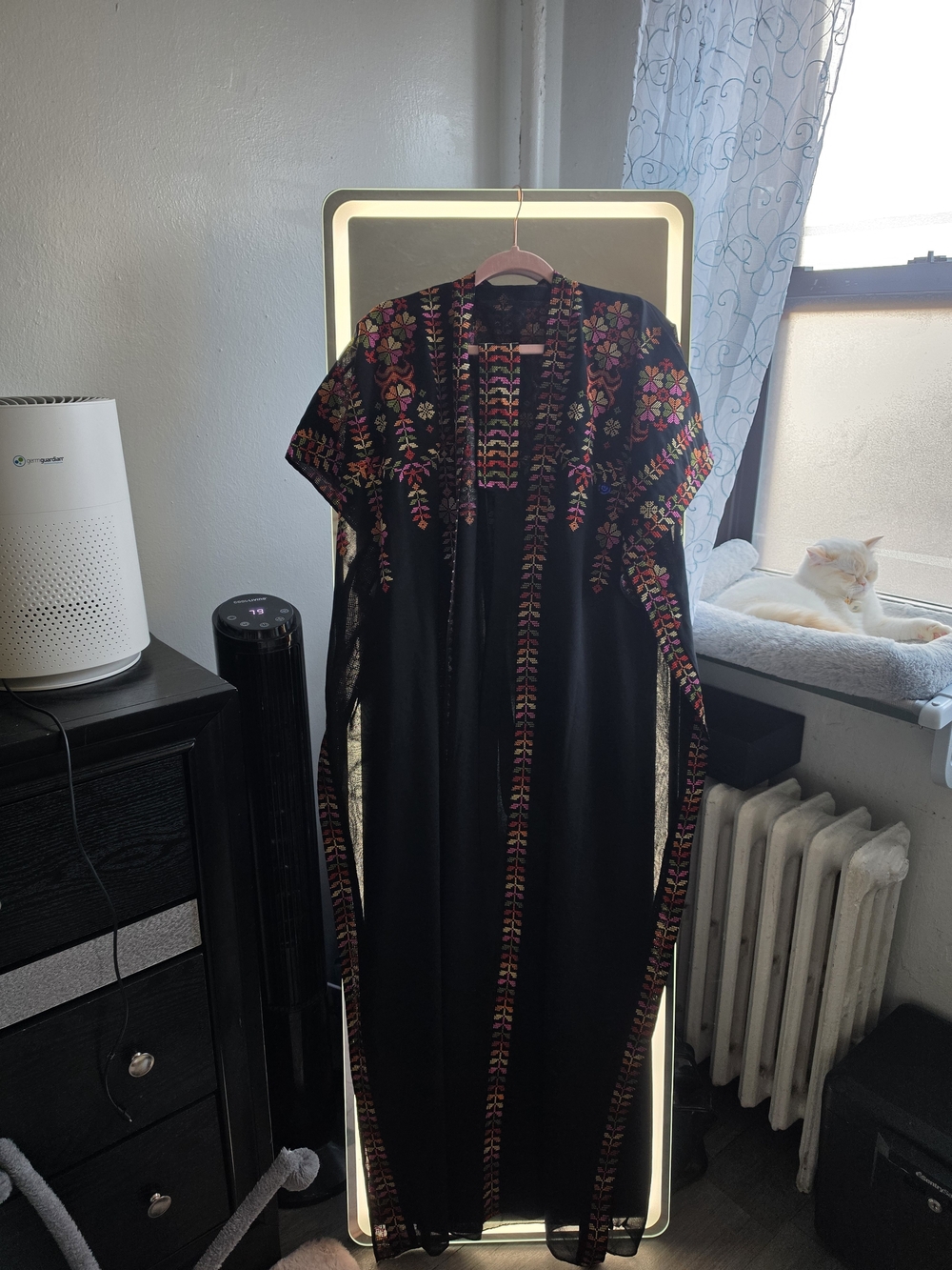 Black Embroidered Maxi Dress with Pink & Green Floral Detailing